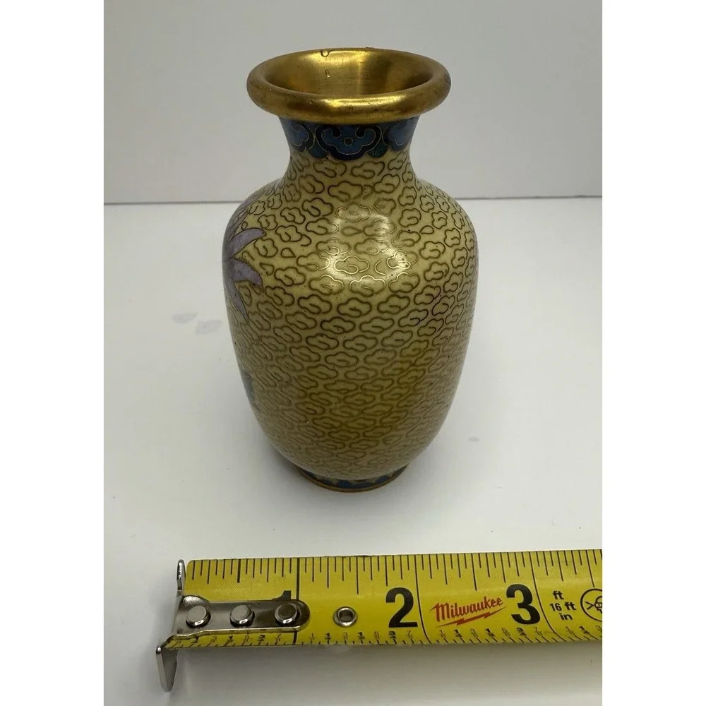 Yellow Cloisonné Brass &‎ Enamel Vase With Pink Flowers 4